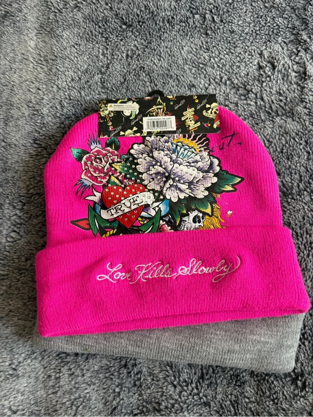Ed Hardy Hot Pink Floral 'Love Kills Slowly' Knit Beanie .
